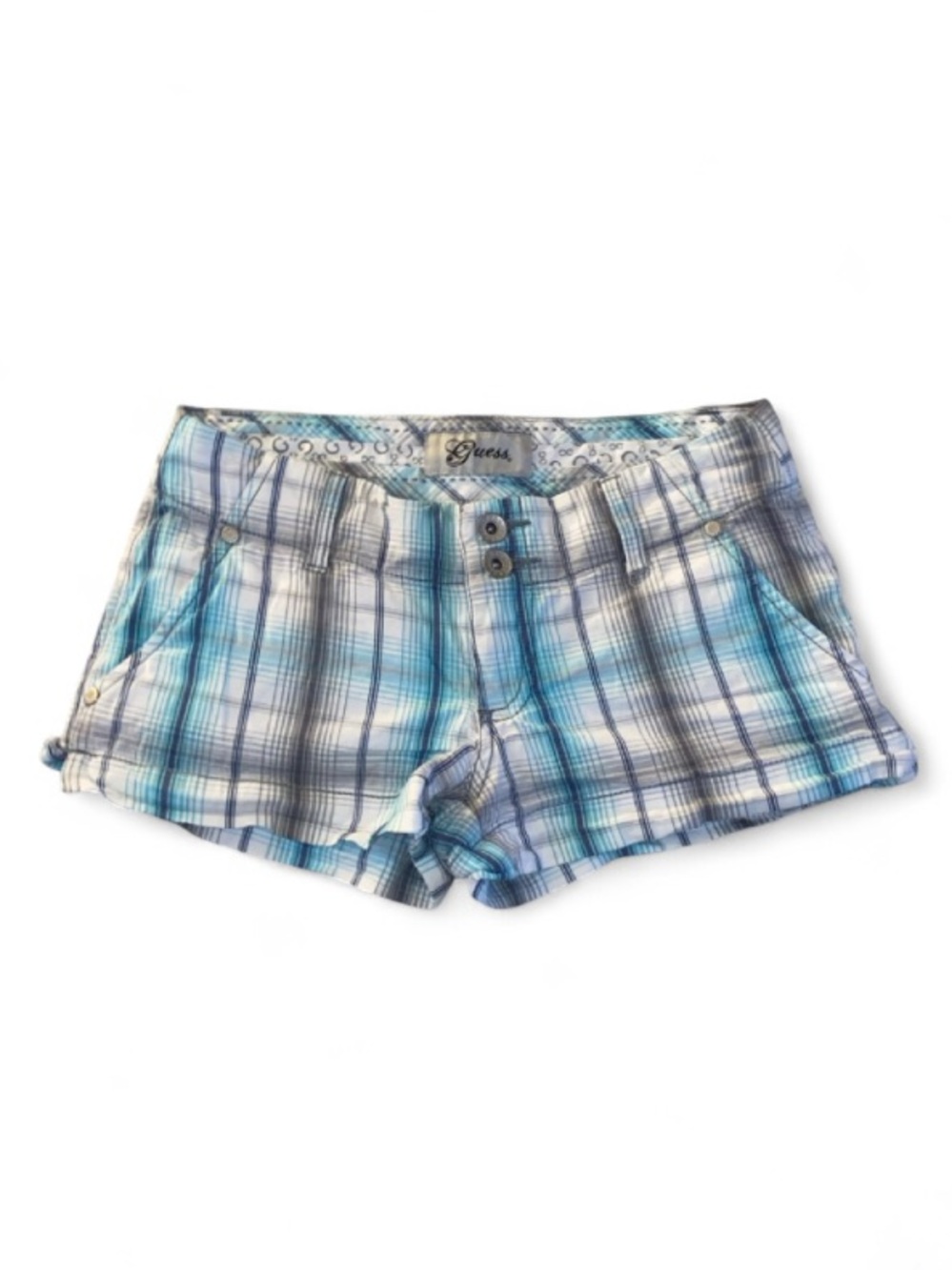 Guess Women's Blue and White Plaid Cotton Shorts